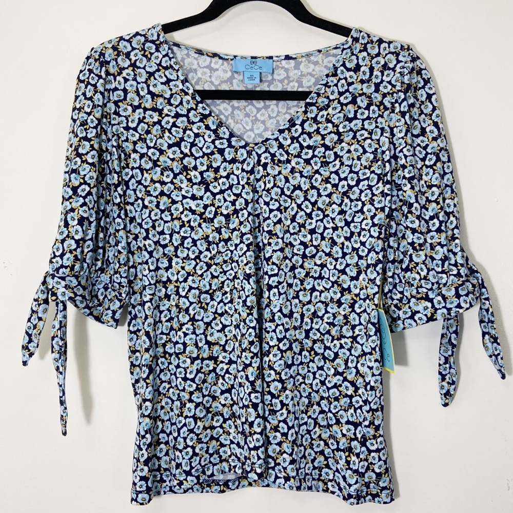 NWT CeCe Floral Blouse Blue Yellow X-Small